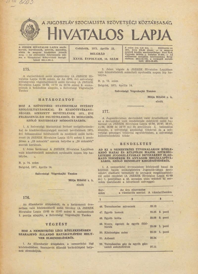 A Jugoszláv Szocialista Szövetségi Köztársaság Hivatalos Lapja, 27. évf. 1971. április 22. 18. sz. 317–336. oldal