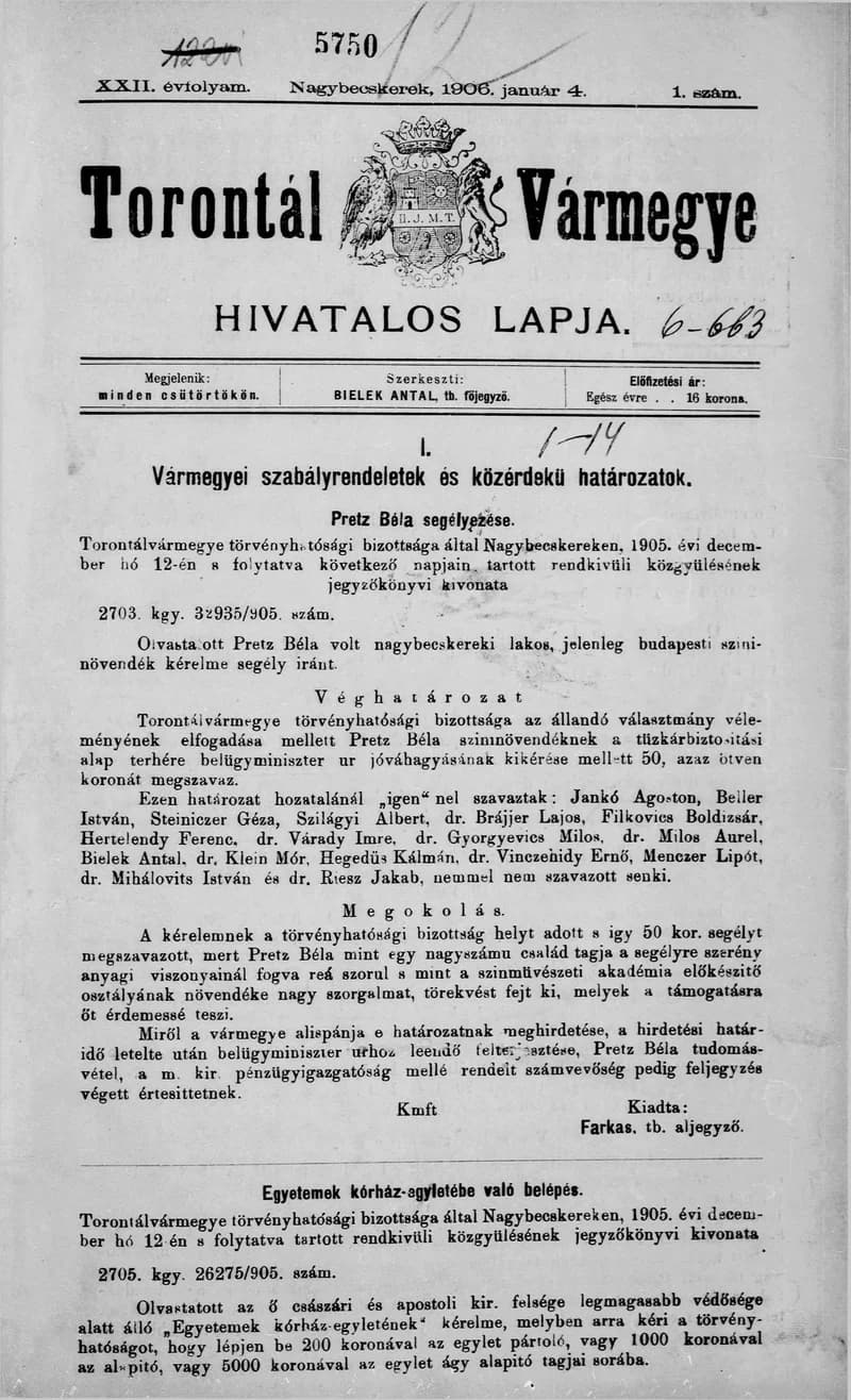 Torontál Vármegye Hivatalos Lapja, 22. évf. 1906. január 4. 1. sz.