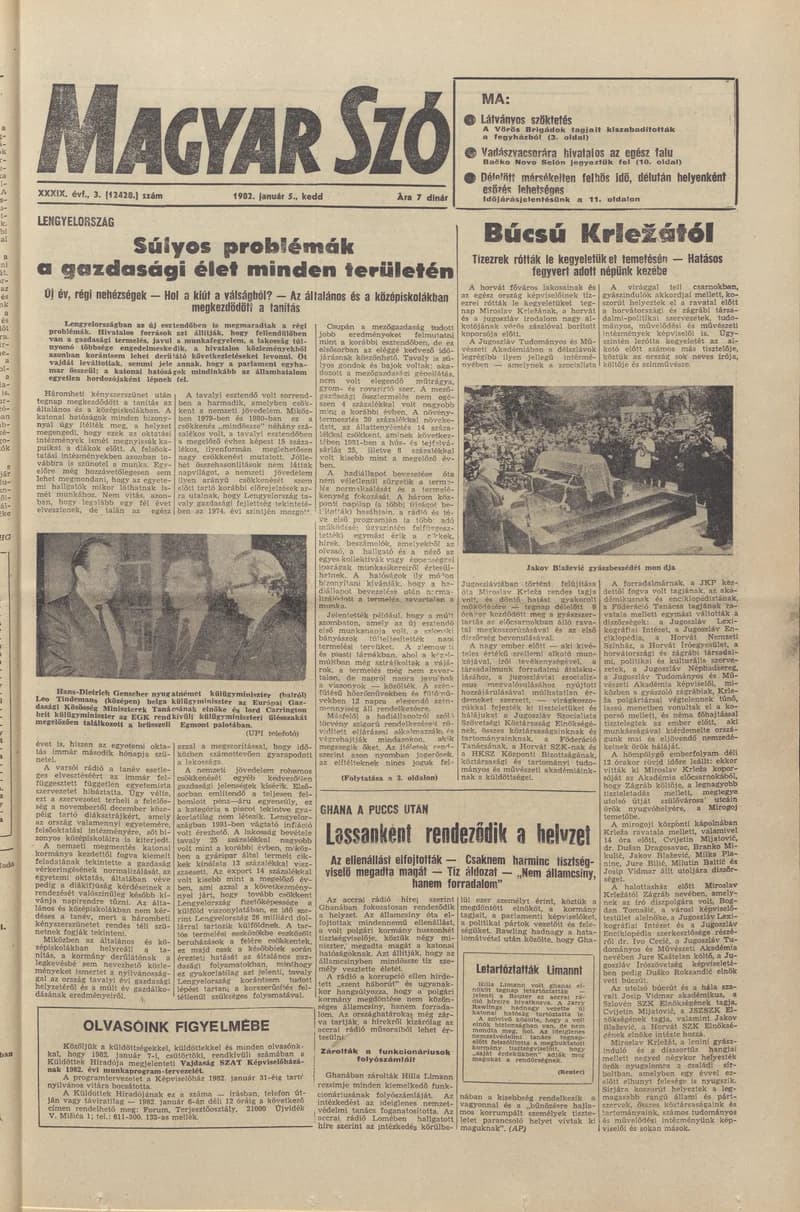 Magyar Szó, 39. évf. 1982. január 5. 3. sz. 1–20. oldal