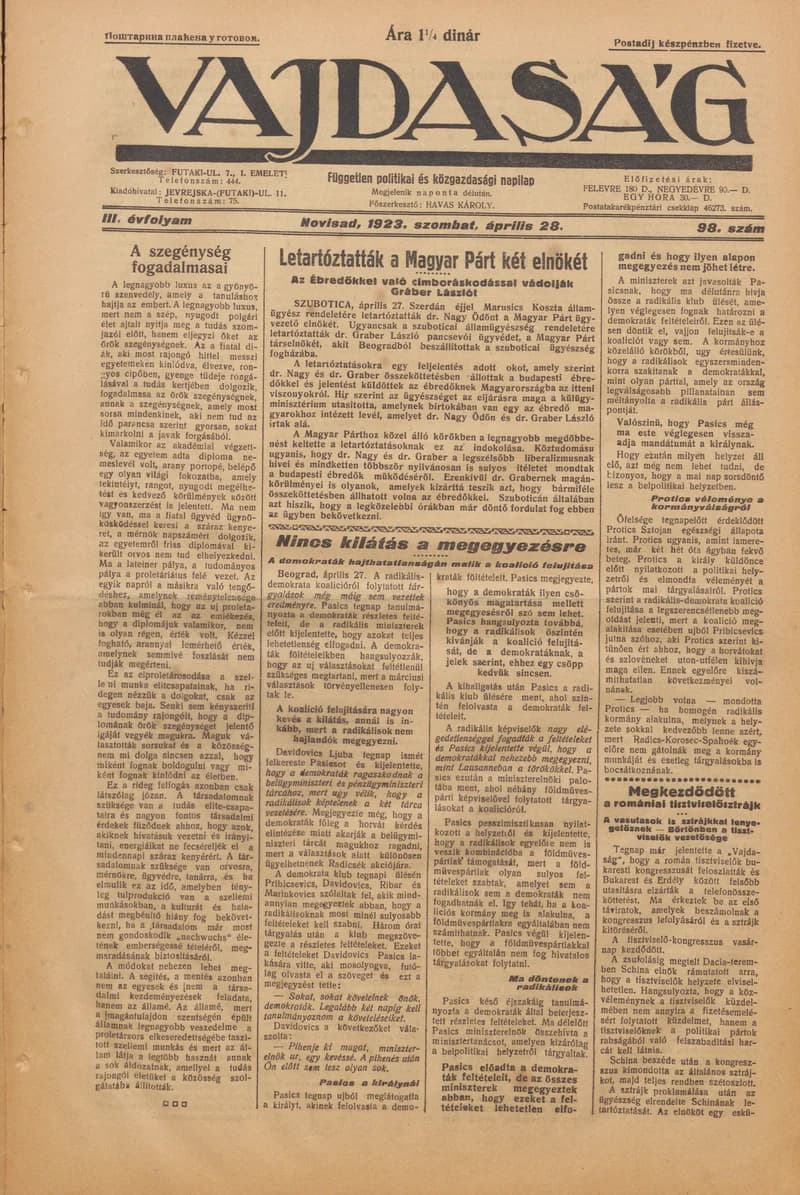 Vajdaság, 3. évf. 1923. április 28. 98. sz.