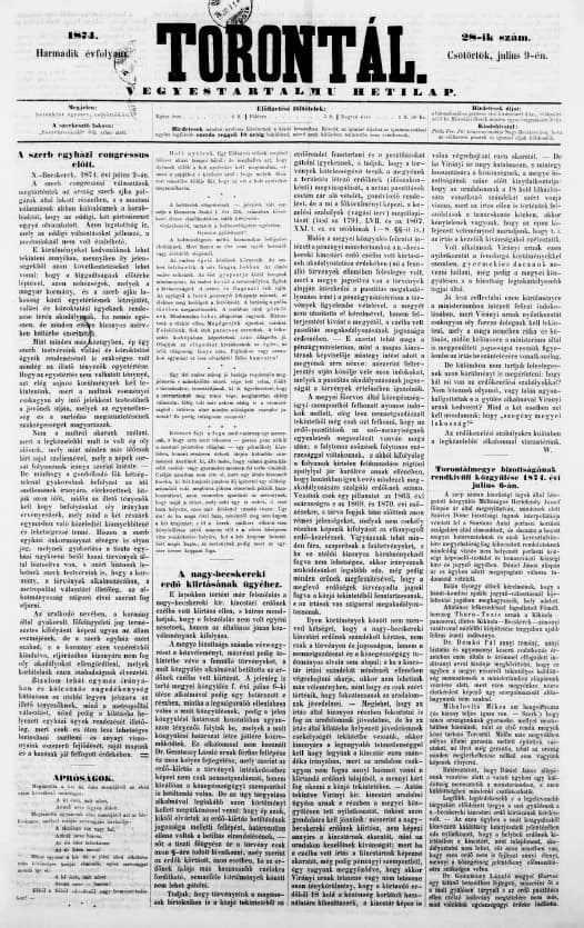 Torontál, 3. évf. 1874. július 9. 28. sz.