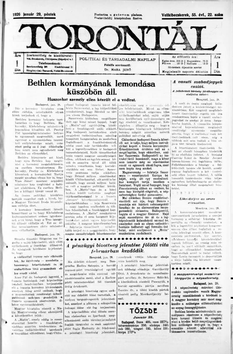 Torontál, 55. évf. 1926. január 29. 22. sz.