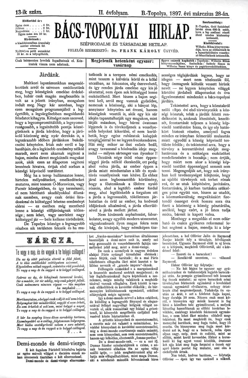 Bács-Topolyai Hirlap, 2. évf. 1897. március 28. 13. sz.