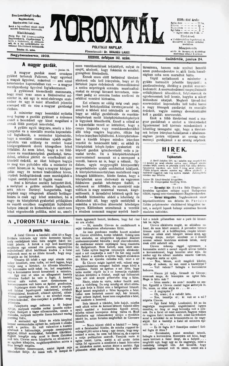 Torontál, 38. évf. 1909. június 24. 141. sz.