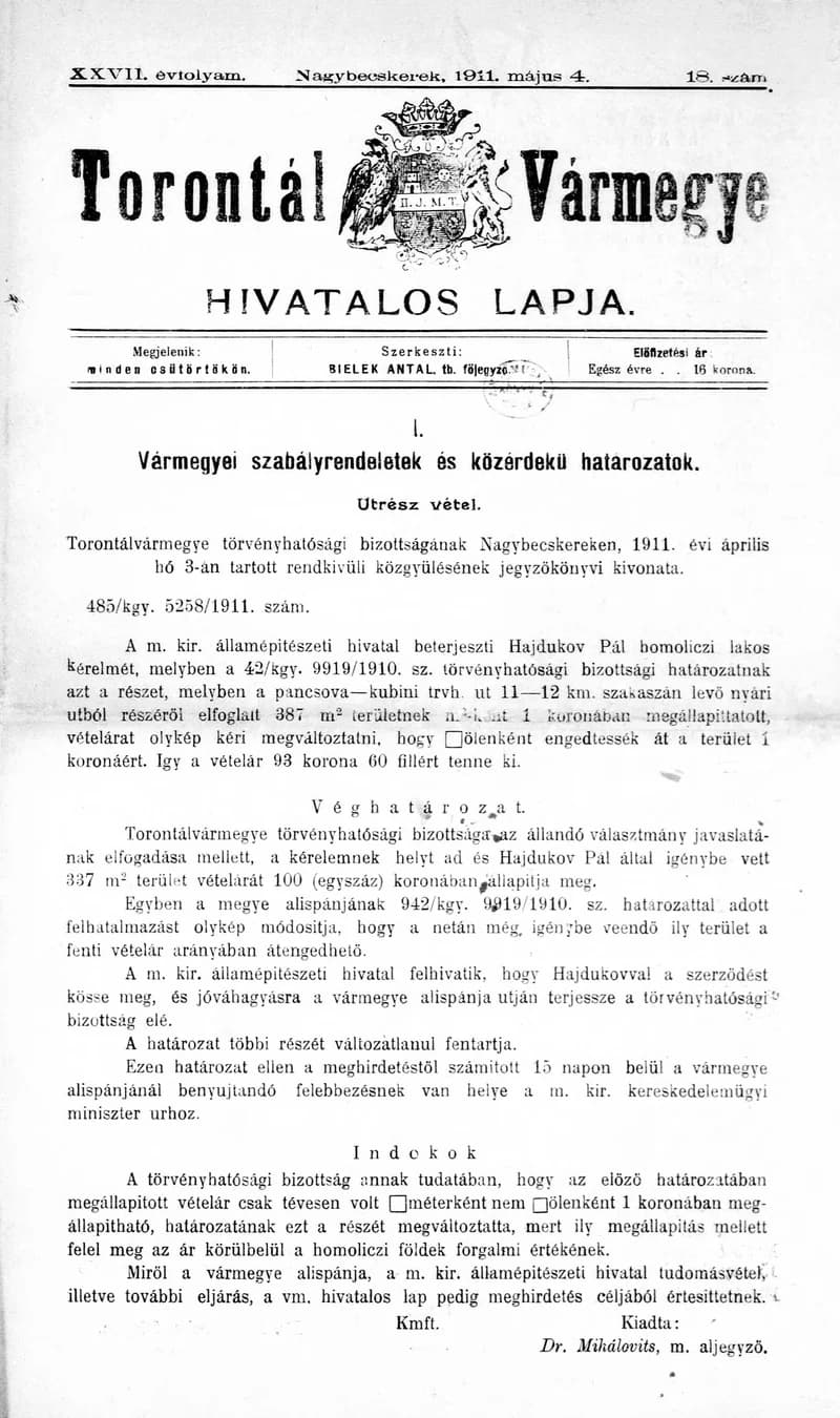 Torontál Vármegye Hivatalos Lapja, 27. évf. 1911. május 4. 18. sz.