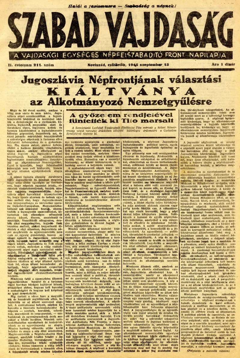 Szabad Vajdaság, 2. évf. 1945. szeptember 13. 211. sz.