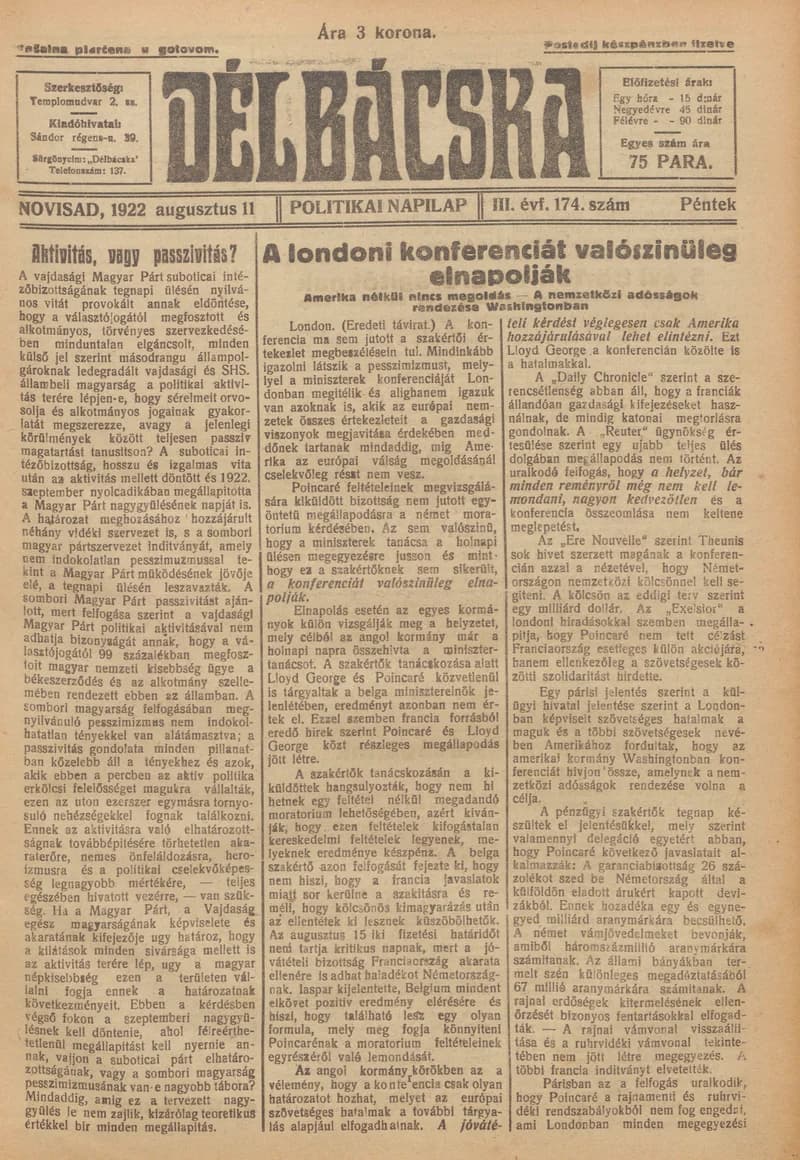 Délbácska, 3. évf. 1922. augusztus 11. 174. sz.