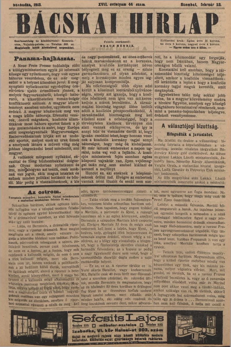 Bácskai Hirlap, 17. évf. 1913. február 22. 44. sz.
