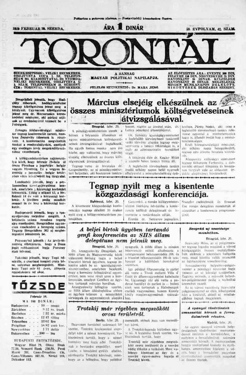 Torontál, 58. évf. 1929. február 20. 42. sz.