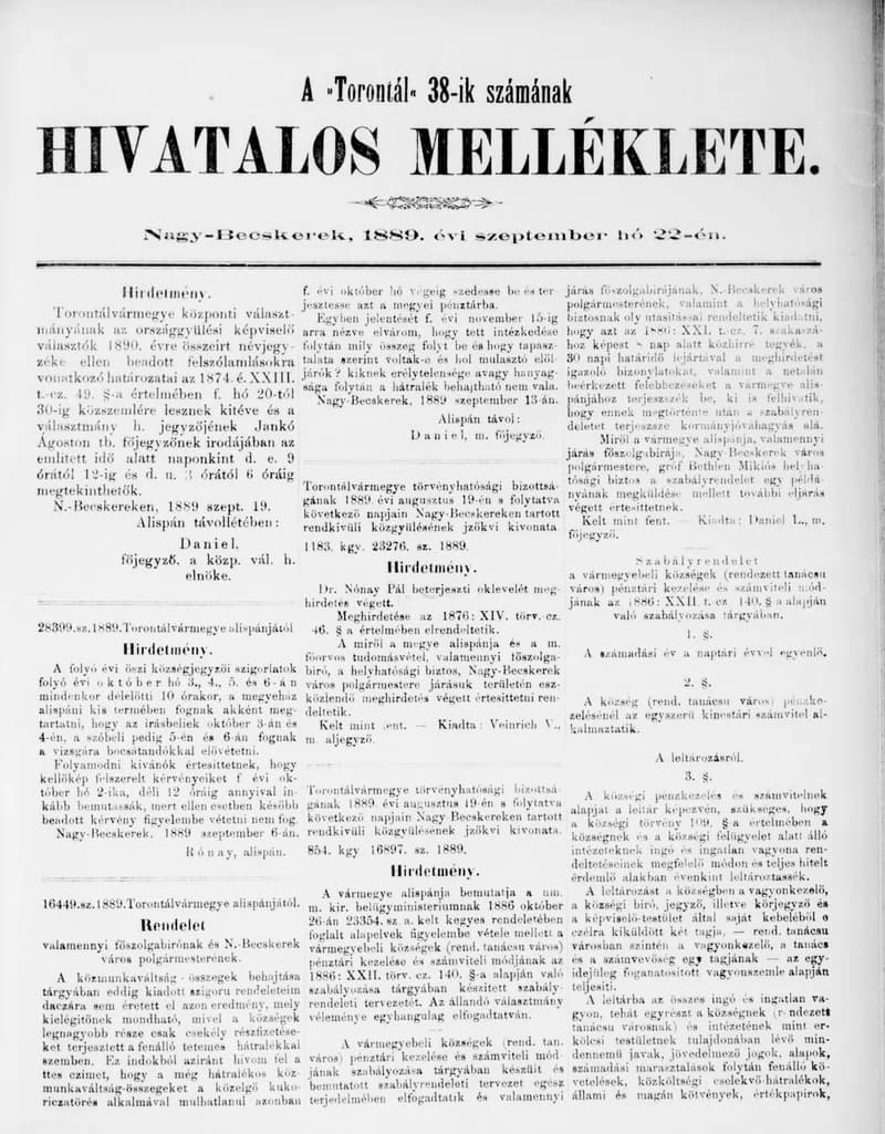 A Totontál  hivatalos melléklete, 2. évf. 1889. szeptember 22. 38. sz.
