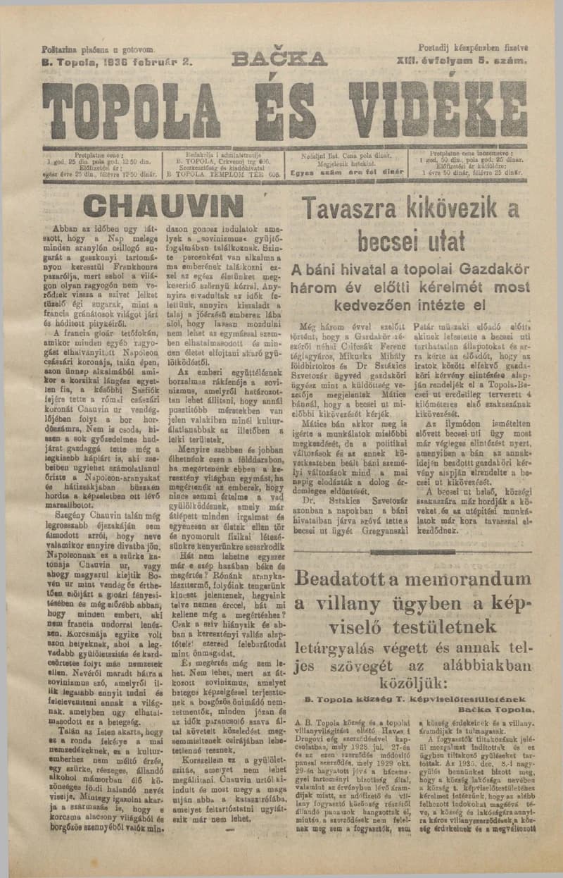 Bačka Topola és Vidéke, 13. évf. 1936. február 2. 5. sz.