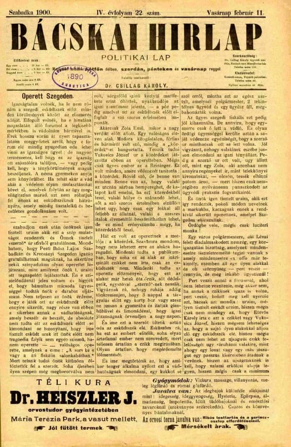 Bácskai Hirlap, 4. évf. 1900. február 11. 22. sz.