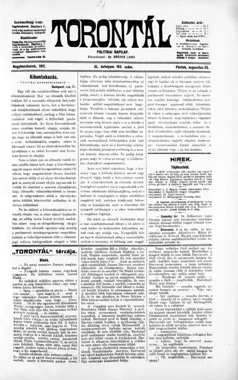 Torontál, 40. évf. 1911. augusztus 25. 193. sz.