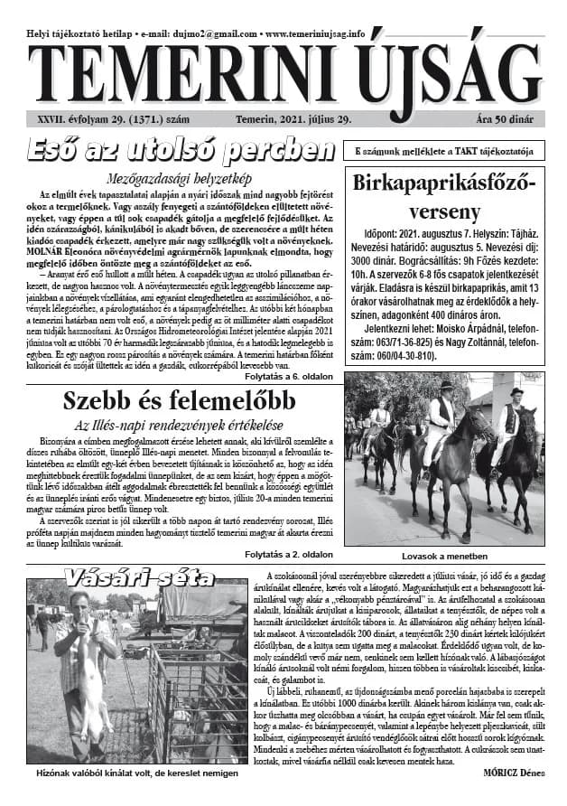 Temerini Újság, 27. évf. 2021. július 29. 29. sz.