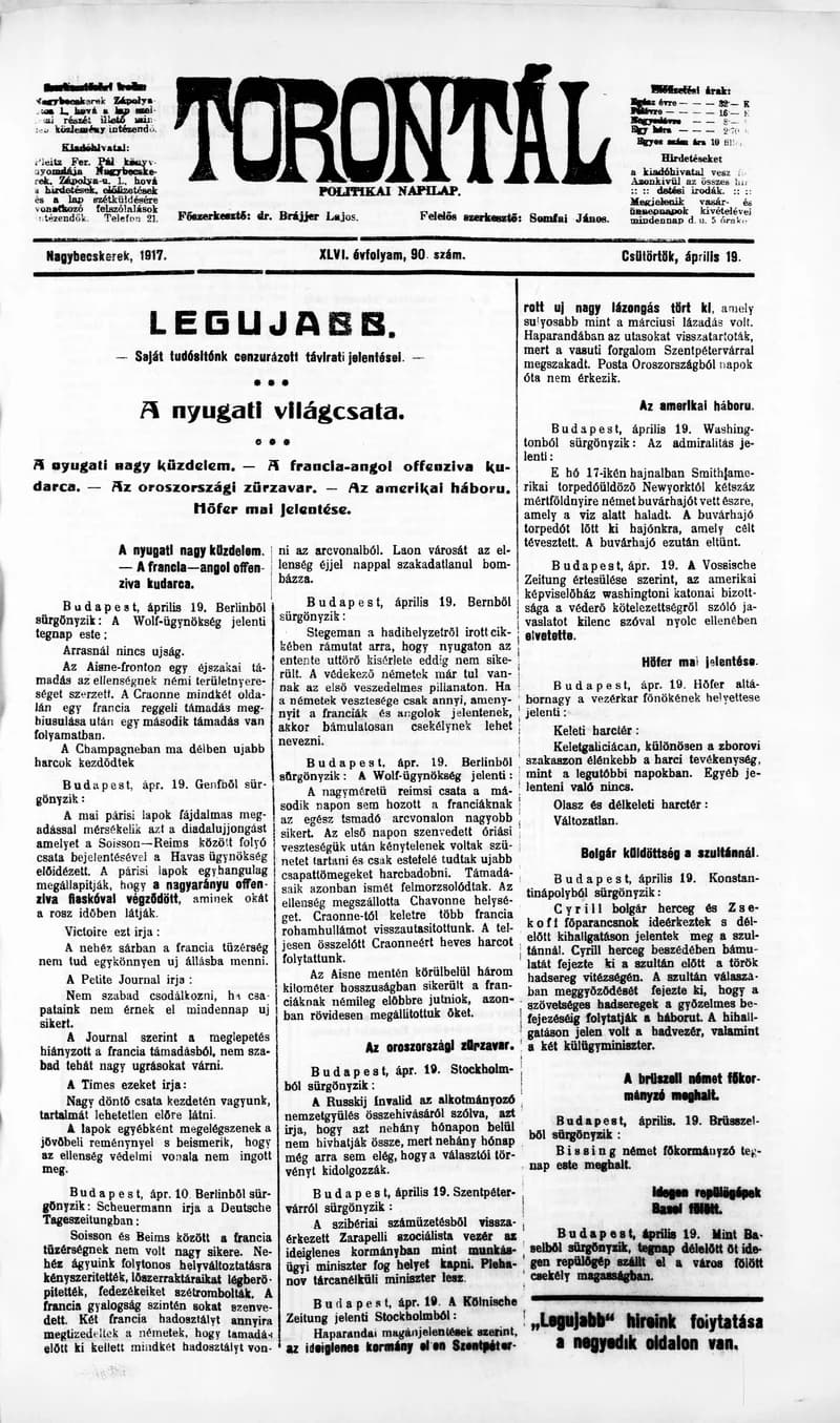 Torontál, 46. évf. 1917. április 19. 90. sz.
