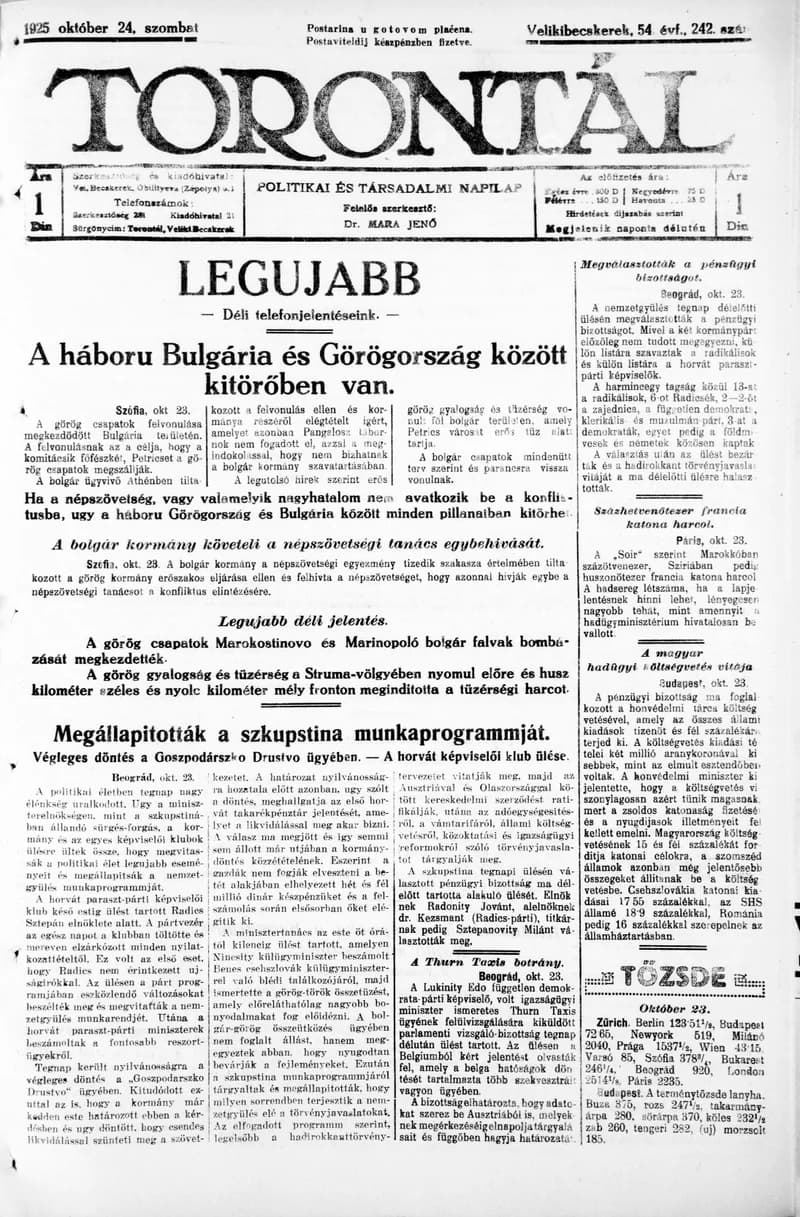 Torontál, 54. évf. 1925. október 24. 242. sz.