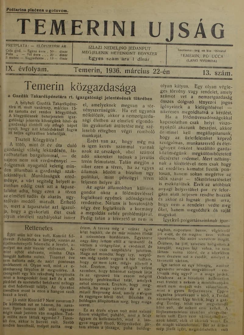 Temerini Újság 1928-1944, 9. évf. 1936. március 22. 13. sz.
