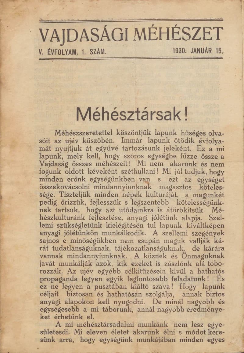 Vajdasági méhészet, 5. évf. 1930. január 15. 1. sz.