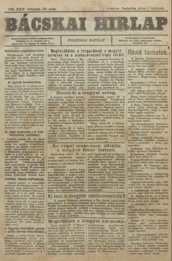 Bácskai Hirlap, 24. évf. 1920. július 1. 100. sz.