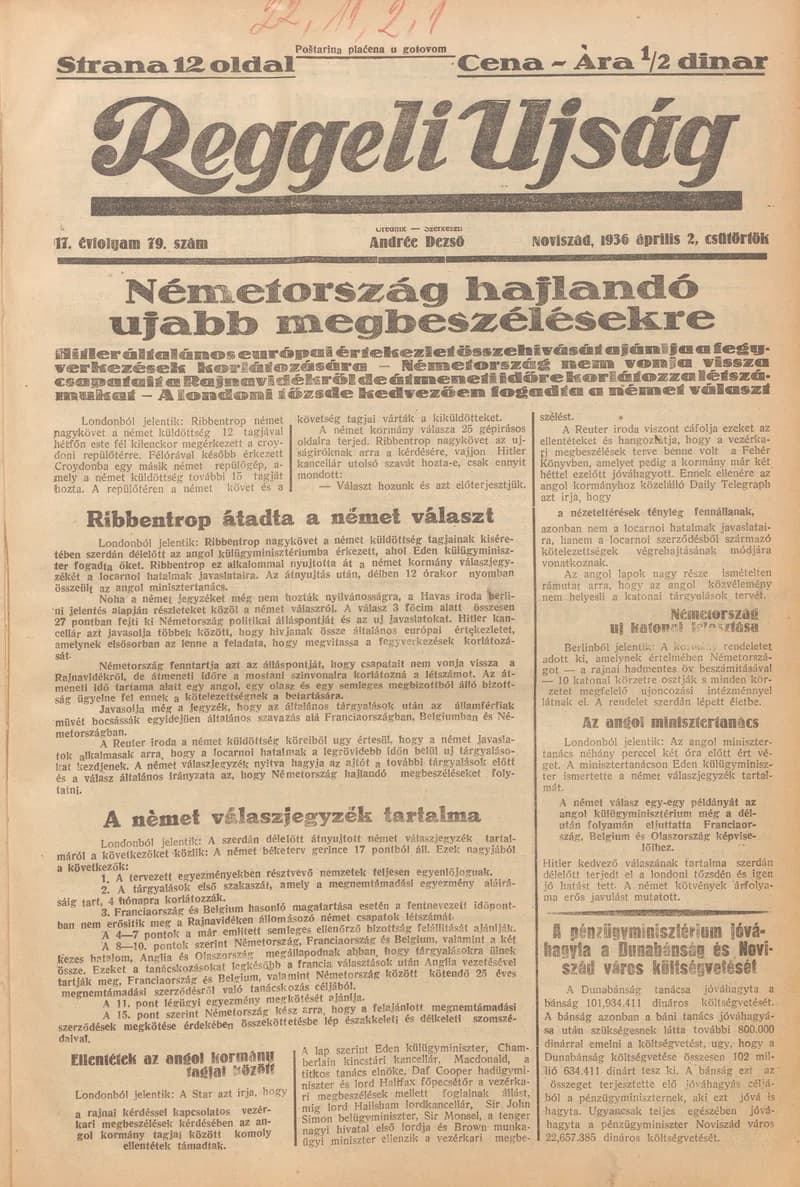 Reggeli Újság, 17. évf. 1936. április 2. 79. sz.