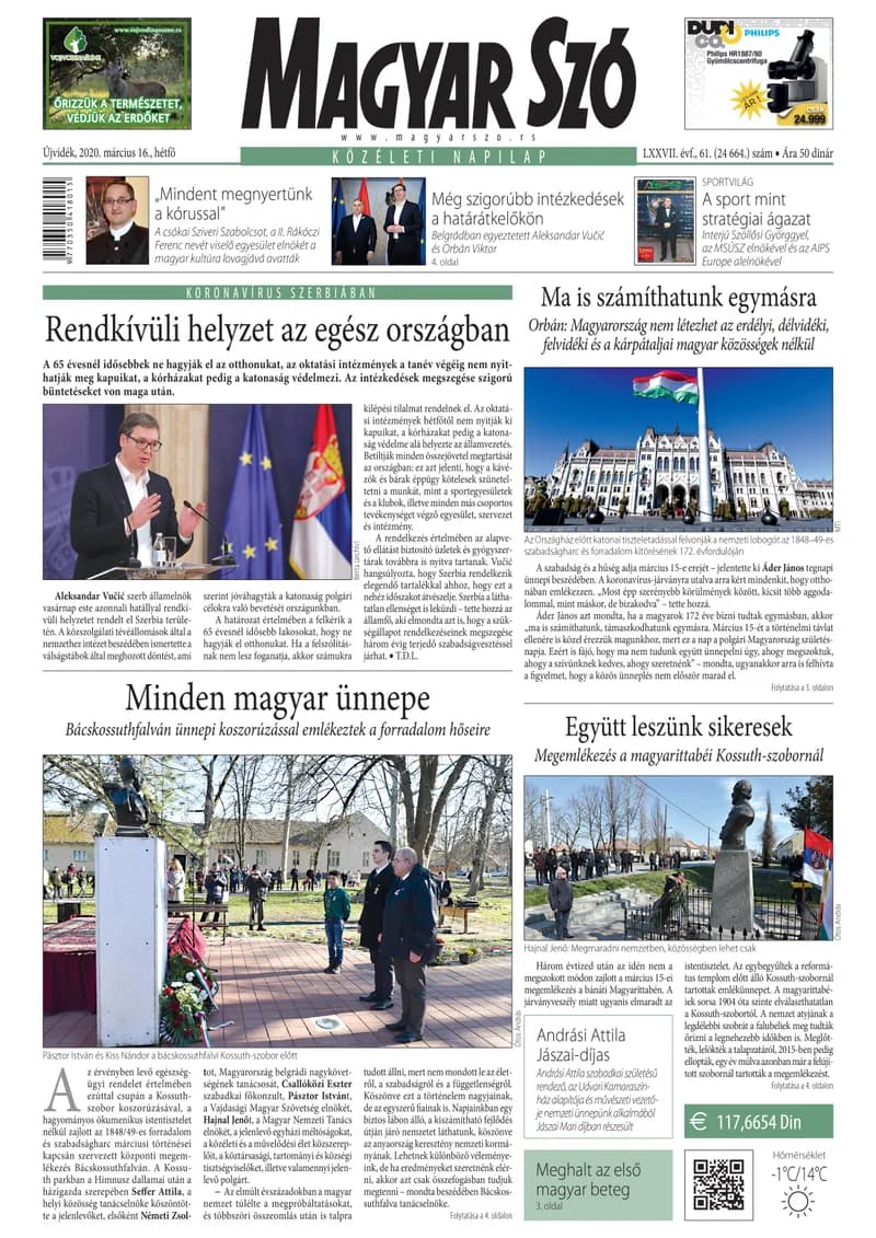 Magyar Szó, 77. évf. 2020. március 16. 61. sz. 1–12. oldal