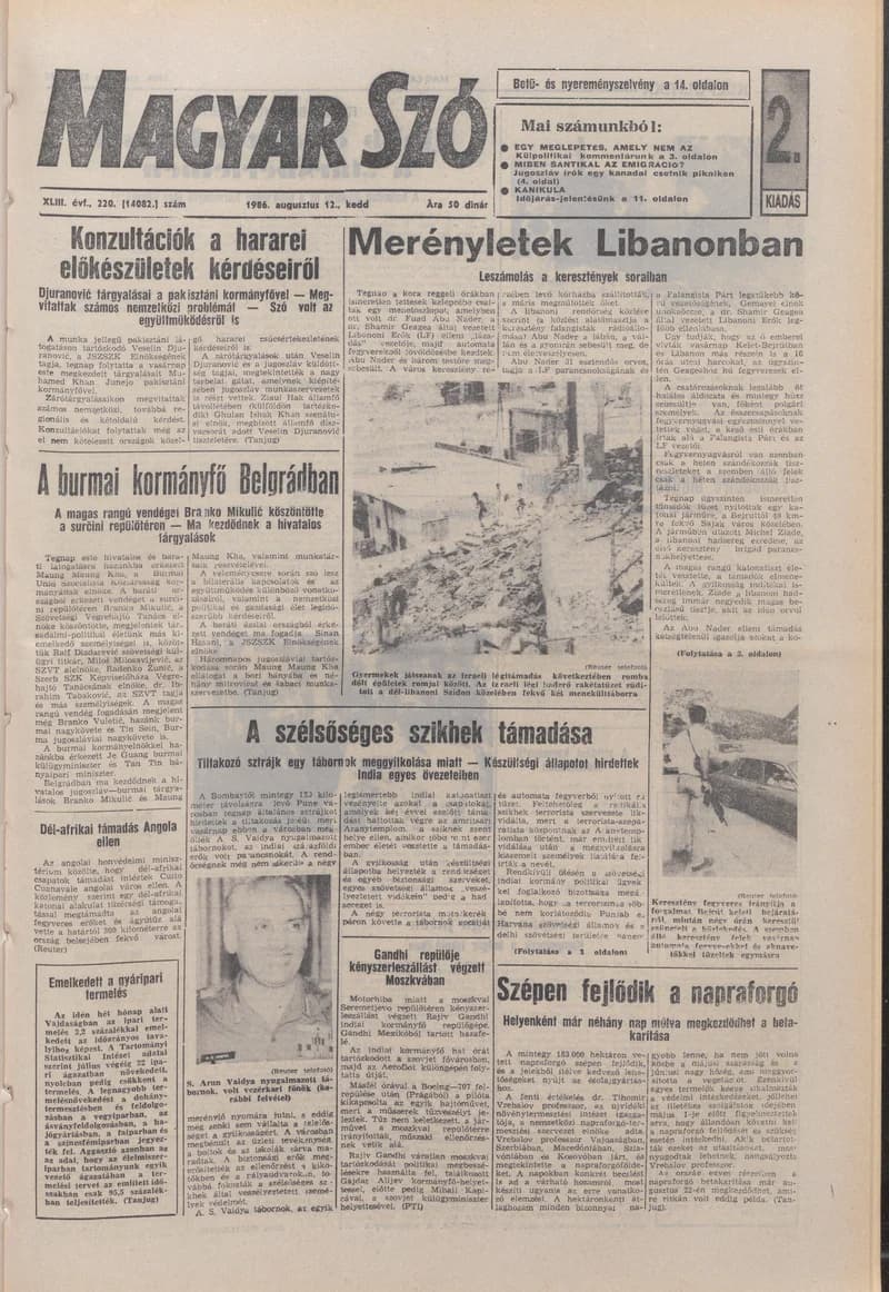 Magyar Szó, 43. évf. 1986. augusztus 12. 220. sz. 1–20. oldal