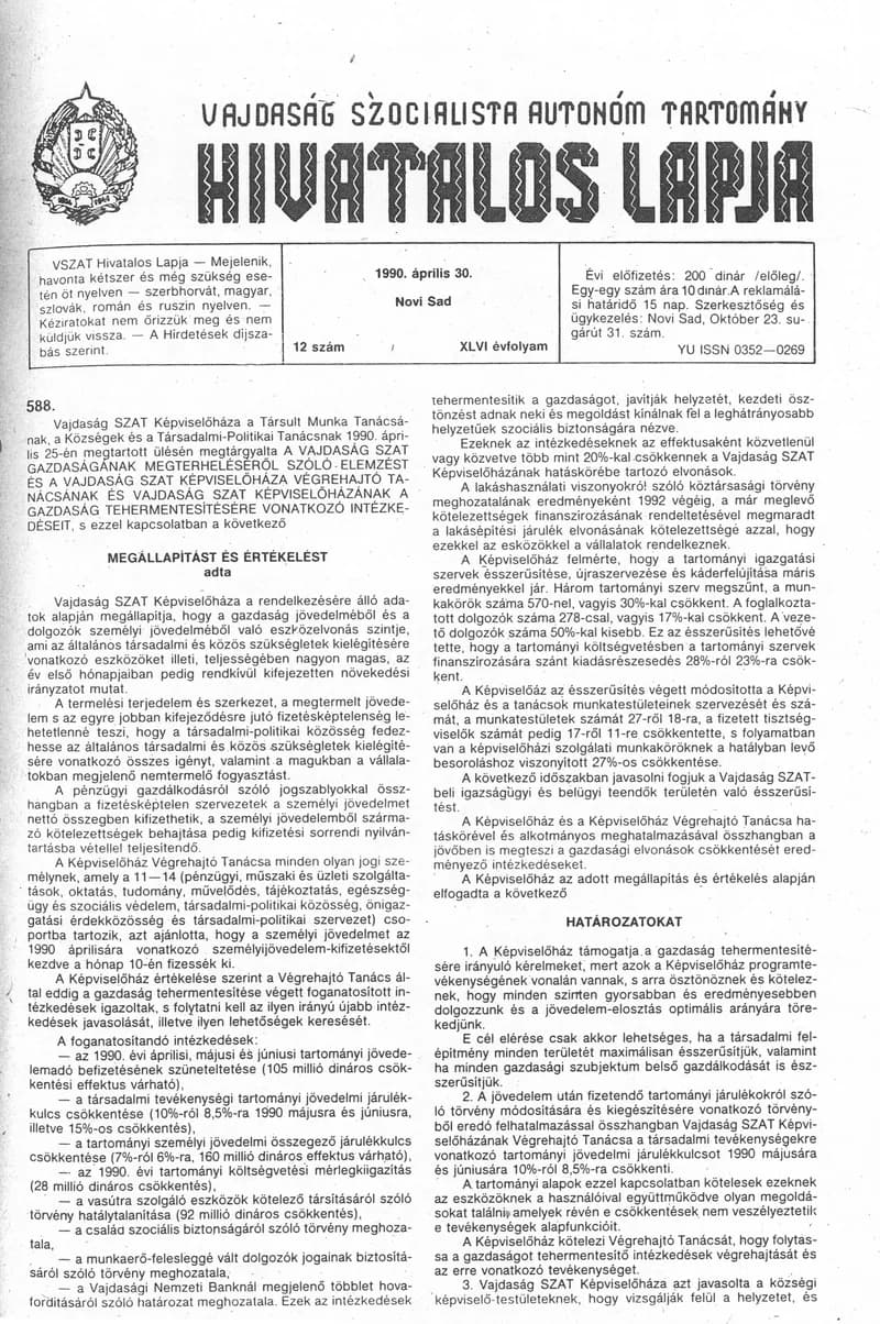 Vajdaság Szocialista Autonóm Tartomány Hivatalos Lapja, 46. évf. 1990. április 30. 12. sz.