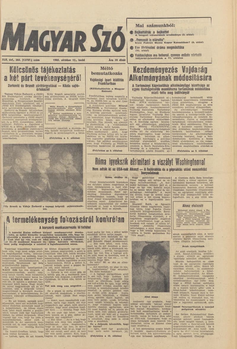 Magyar Szó, 42. évf. 1985. október 15. 284. sz. 1–20. oldal