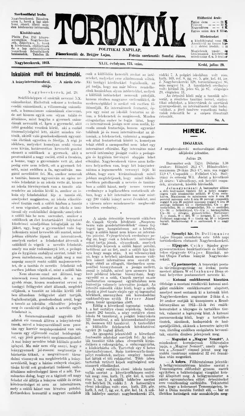 Torontál, 42. évf. 1913. július 29. 173. sz.