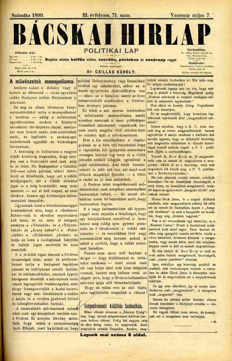 Bácskai Hirlap, 3. évf. 1899. május 7. 71. sz.