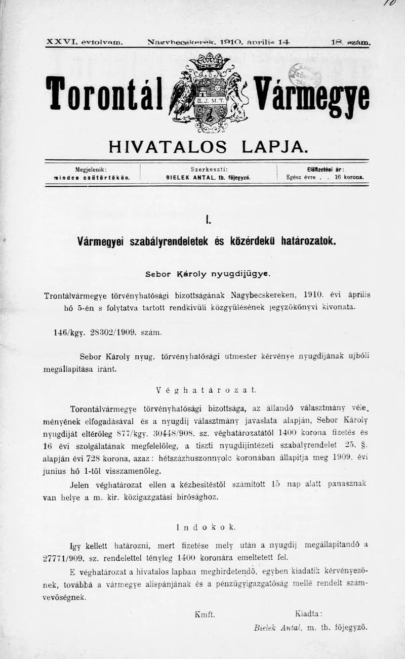 Torontál Vármegye Hivatalos Lapja, 26. évf. 1910. április 14. 18. sz.
