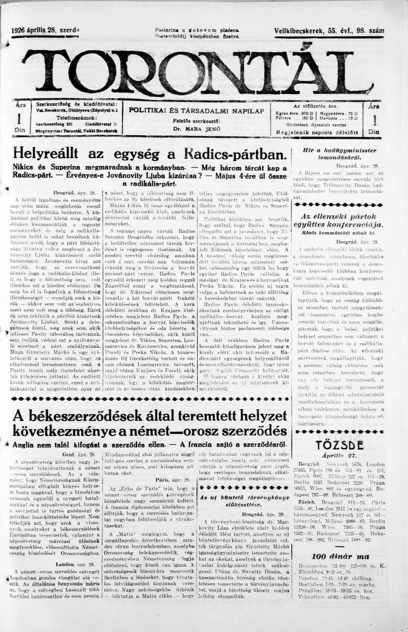 Torontál, 55. évf. 1926. április 28. 98. sz.