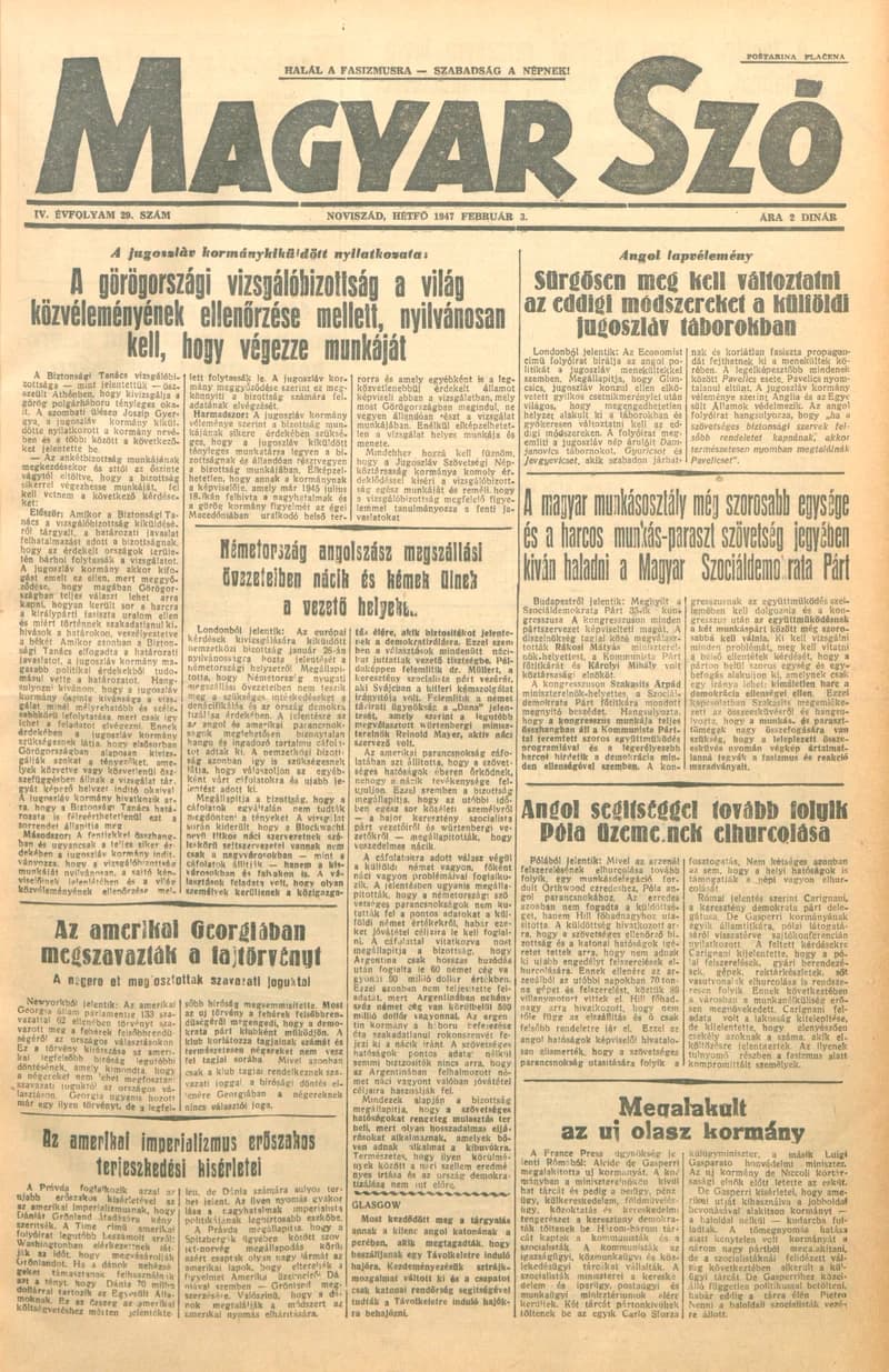 Magyar Szó, 4. évf. 1947. február 3. 29. sz. 1–4. oldal