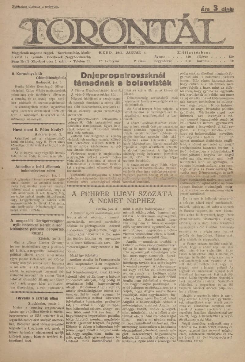 Torontál, 73. évf. 1944. január 4. 2. sz.