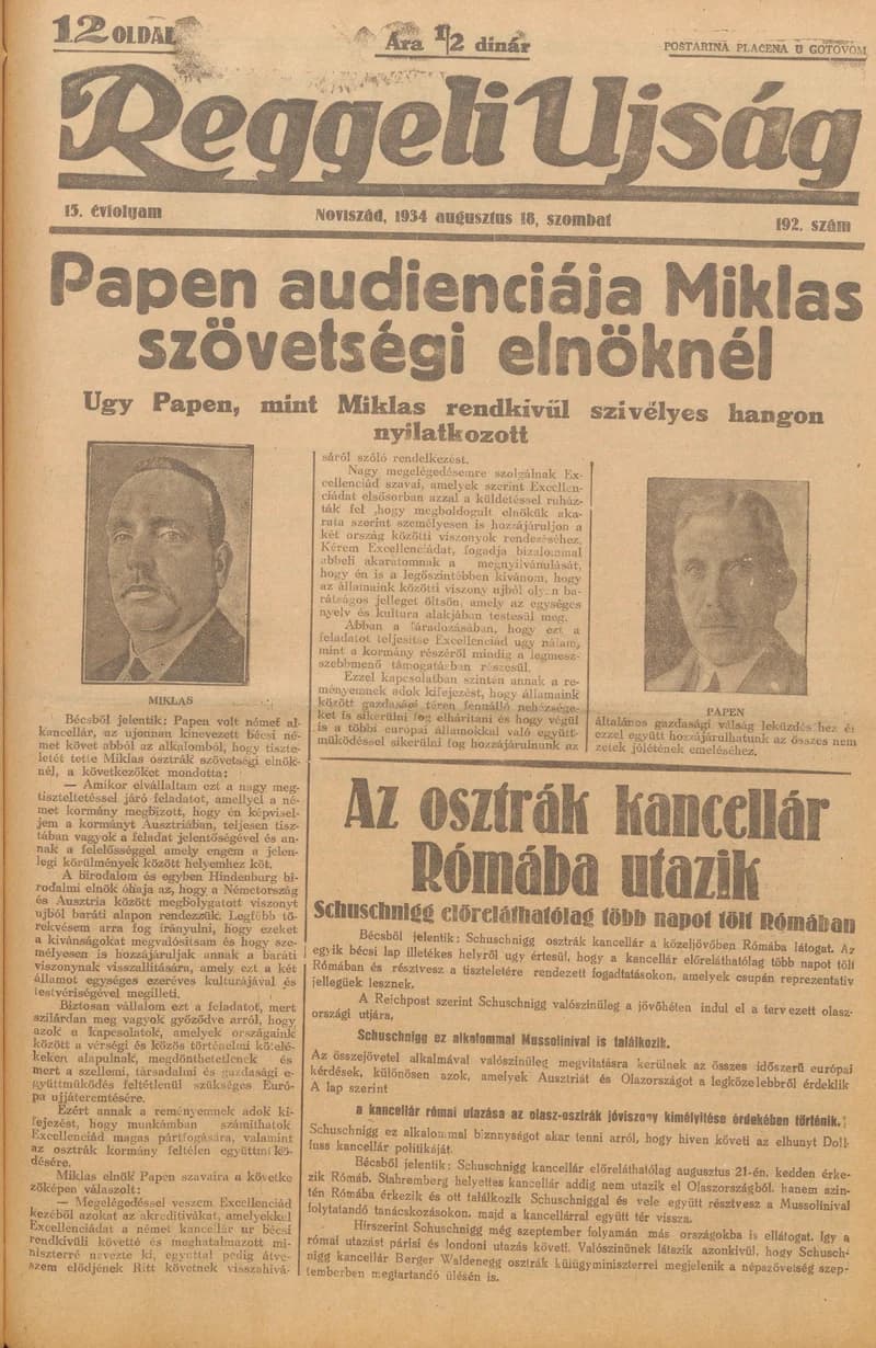 Reggeli Újság, 15. évf. 1934. augusztus 18. 192. sz.