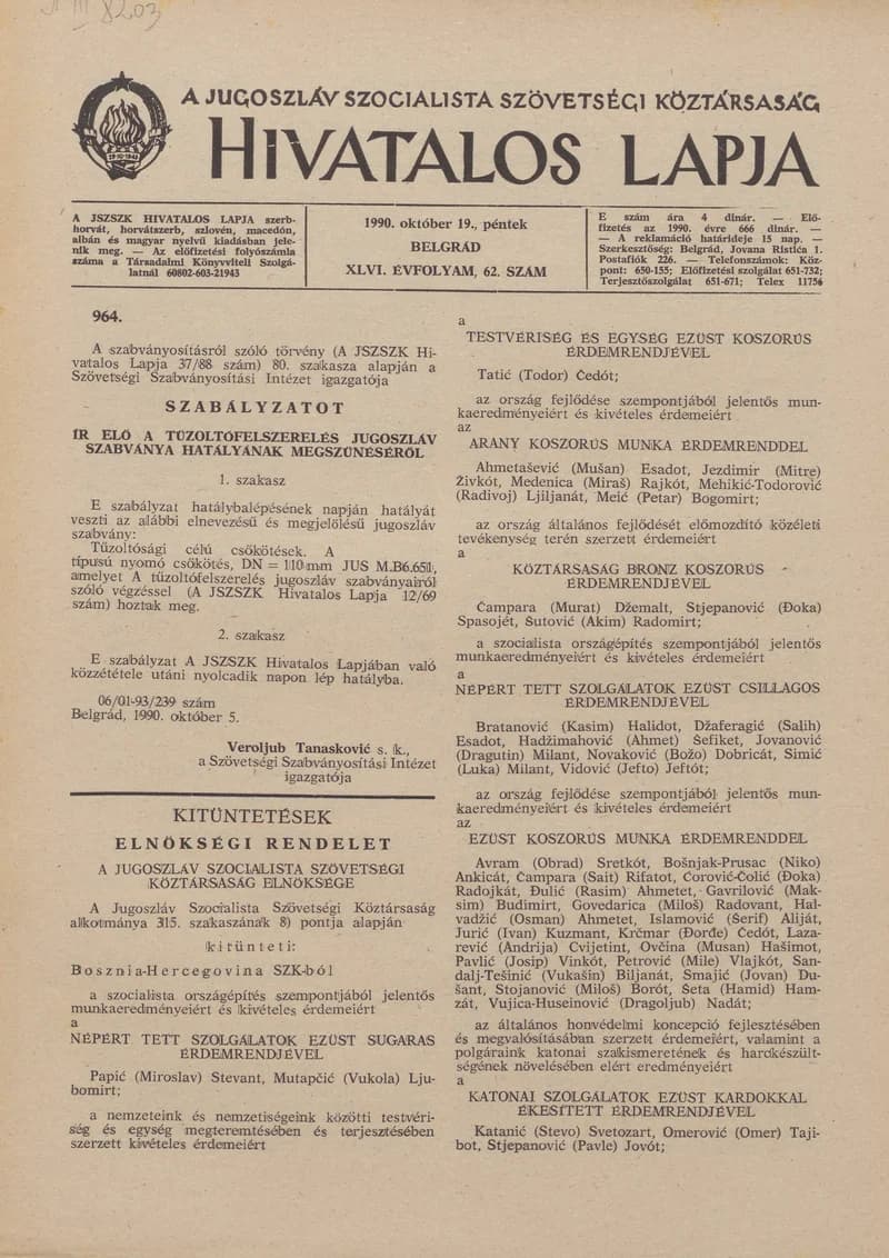 A Jugoszláv Szocialista Szövetségi Köztársaság Hivatalos Lapja, 46. évf. 1990. október 19. 62. sz. 1881–1884. oldal