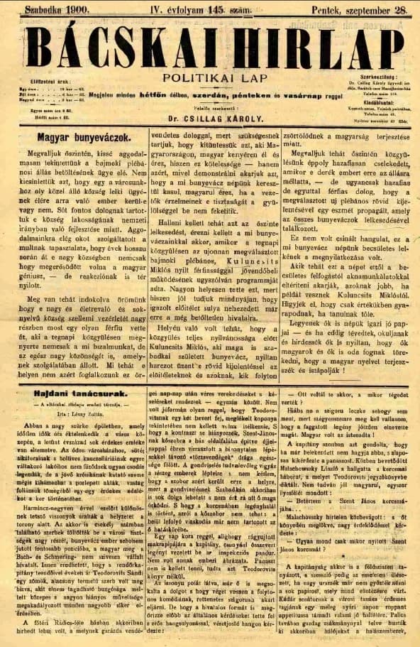 Bácskai Hirlap, 4. évf. 1900. szeptember 28. 145. sz.
