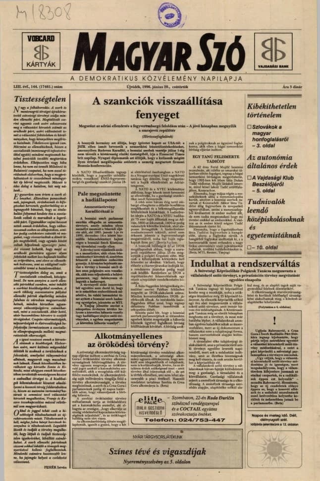 Magyar Szó, 53. évf. 1996. június 20. 144. sz. 1–16. oldal