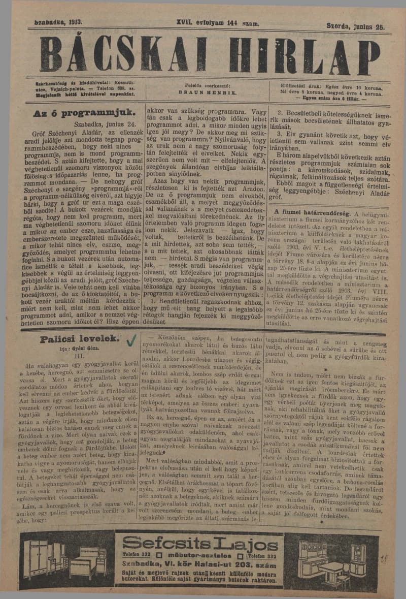 Bácskai Hirlap, 17. évf. 1913. június 25. 144. sz.