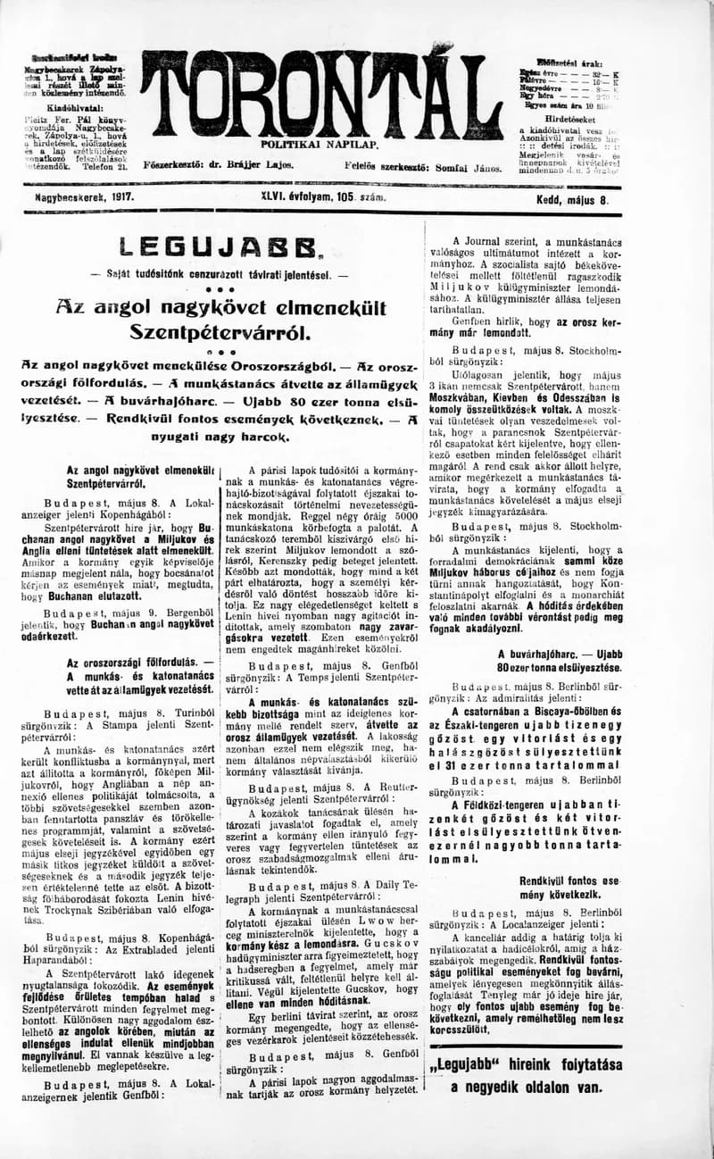 Torontál, 46. évf. 1917. május 8. 105. sz.