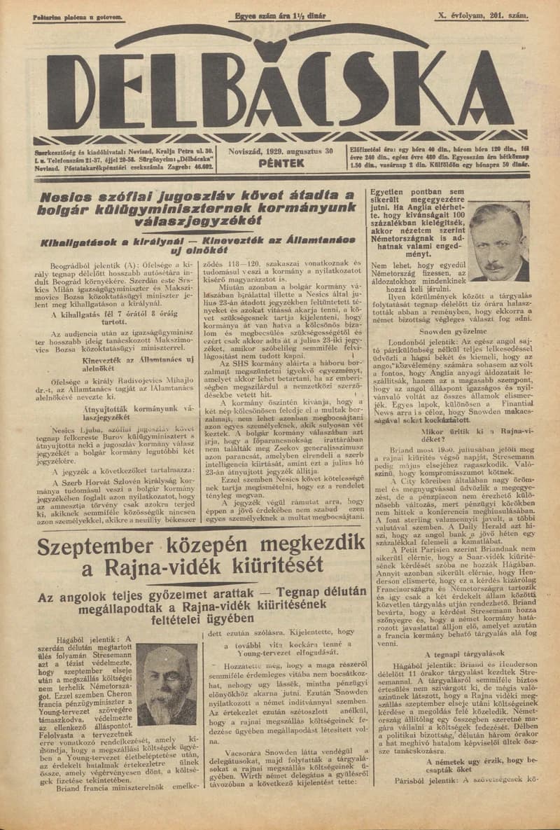 Délbácska, 10. évf. 1929. augusztus 30. 201. sz.