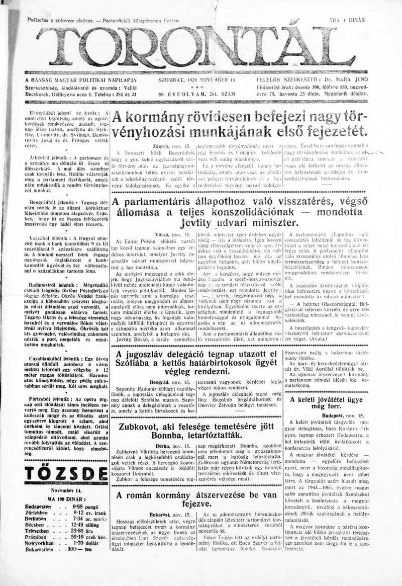 Torontál, 58. évf. 1929. november 16. 264. sz.