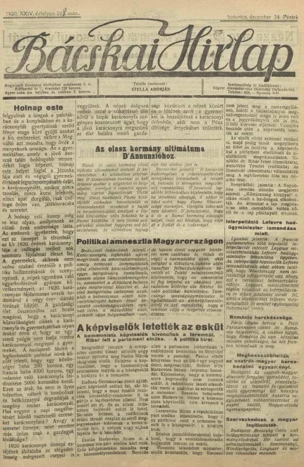 Bácskai Hirlap, 24. évf. 1920. december 24. 228. sz.