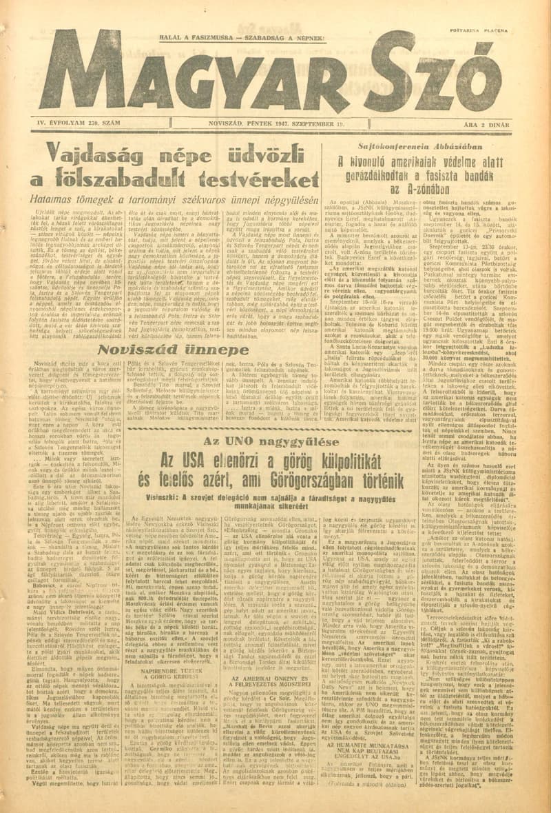 Magyar Szó, 4. évf. 1947. szeptember 19. 230. sz. 1–6. oldal