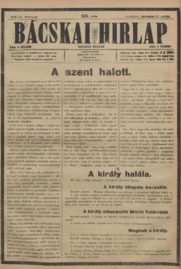 Bácskai Hirlap, 20. évf. 1916. november 22. 535. sz.