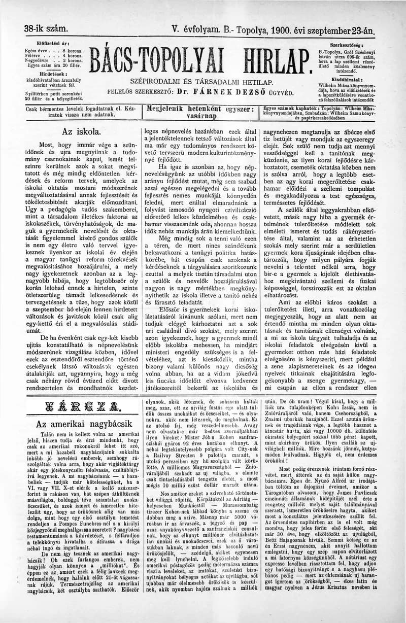 Bács-Topolyai Hirlap, 5. évf. 1900. augusztus 23. 38. sz.