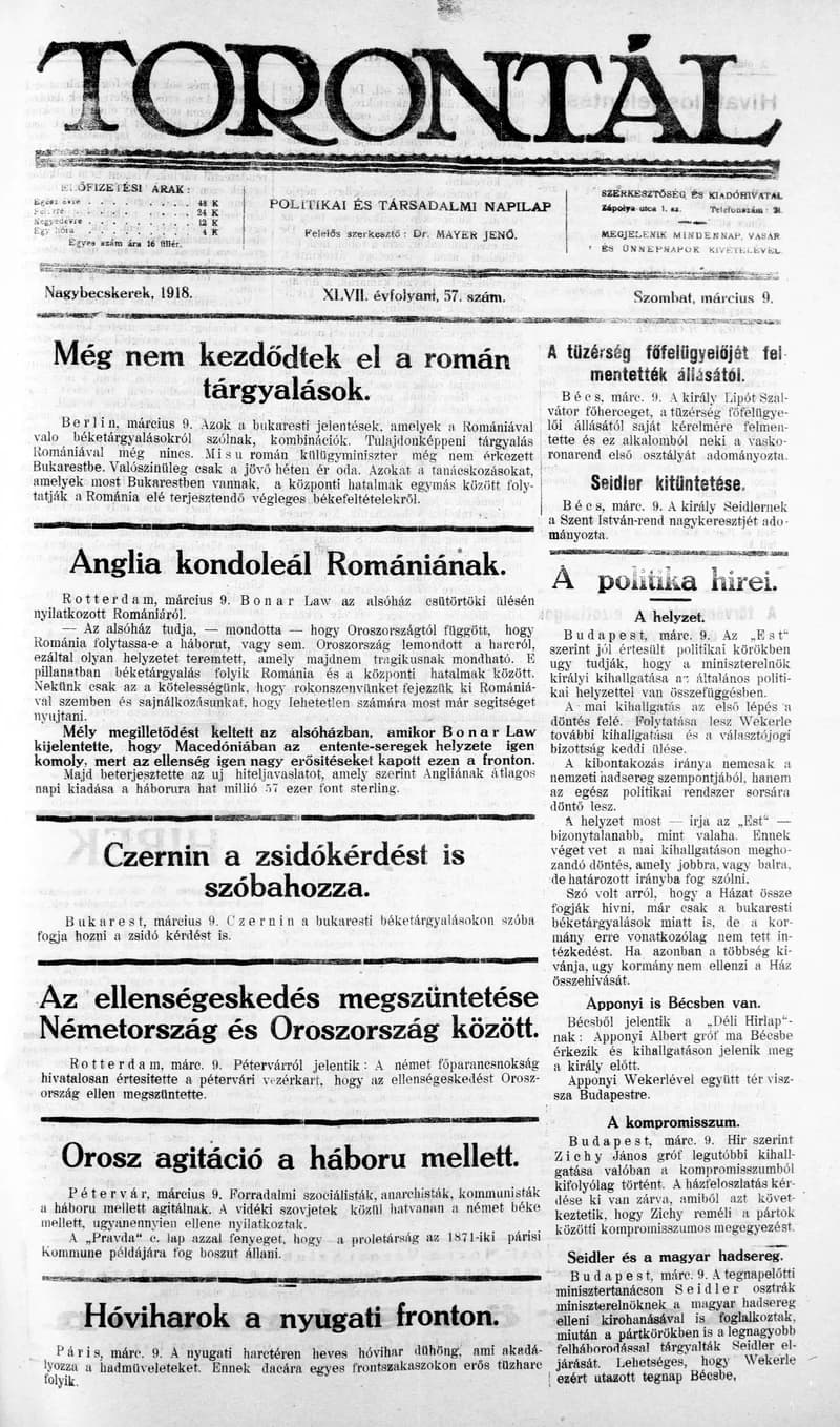 Torontál, 47. évf. 1918. március 9. 57. sz.