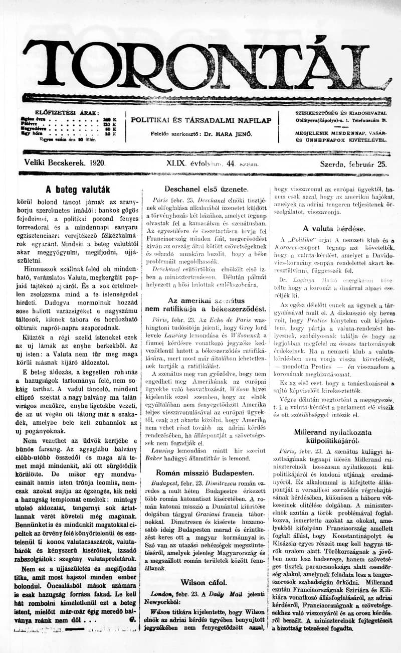 Torontál, 49. évf. 1920. február 25. 44. sz.