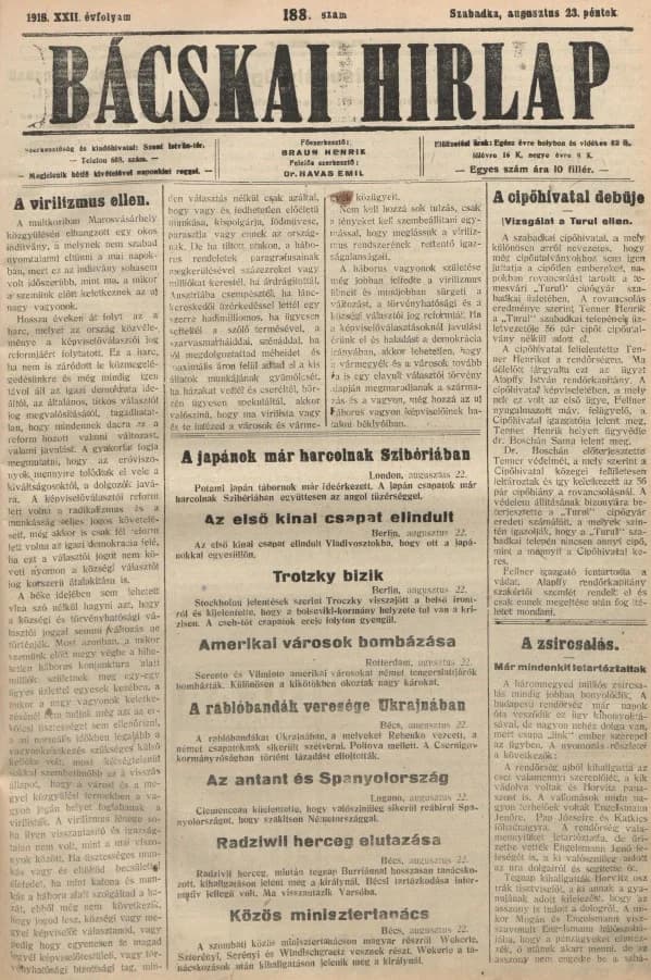 Bácskai Hirlap, 22. évf. 1918. augusztus 23. 188. sz.