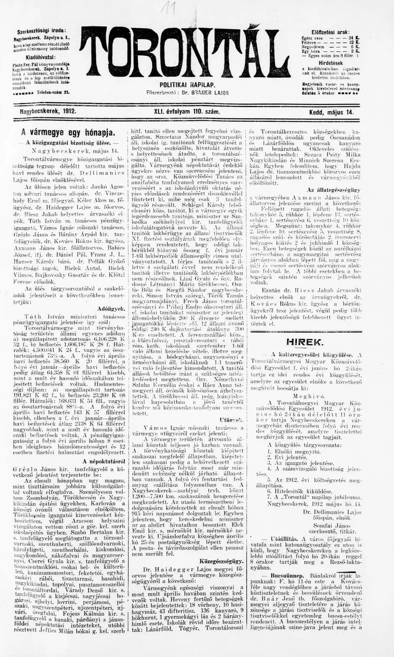 Torontál, 41. évf. 1912. május 14. 110. sz.
